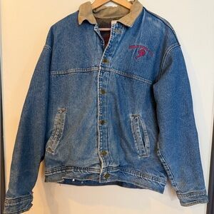Vintage USA Made Blue Denim Jacket with Aztec Lining, Brown Corduroy Details, L